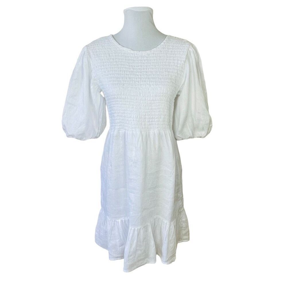 Faithfull the Brand Lorica Coquette Linen Mini Dress Open Back Puff Sleeve Ruche